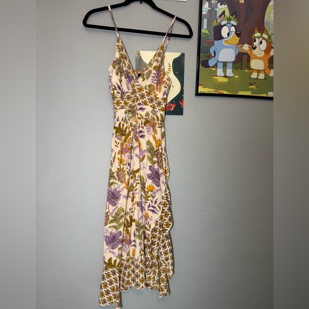 Angie Midi Dress Sz L Fits S/M Boho Romantic Sexy Floral Hi Low Ruffled - Picture 3 of 10